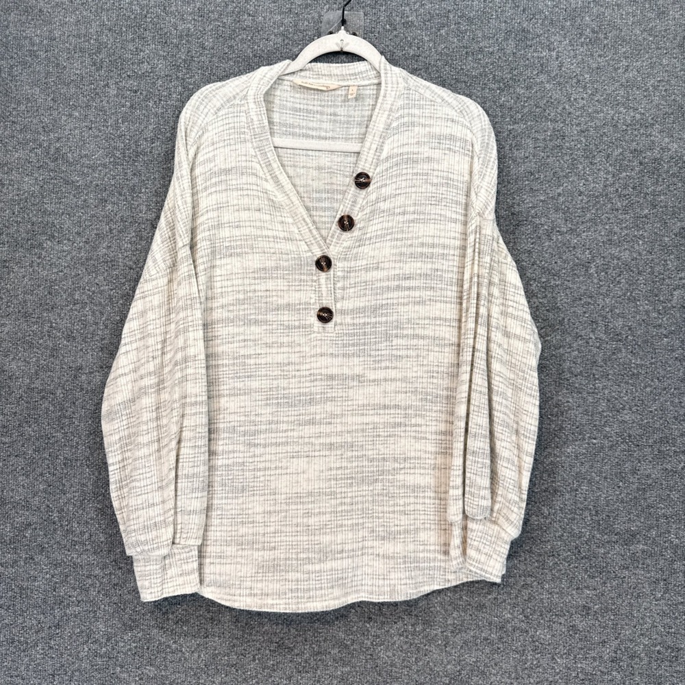 Soft Surroundings Henley Top Women Large Gray Ribbed Knit Long Sleeve Shirt